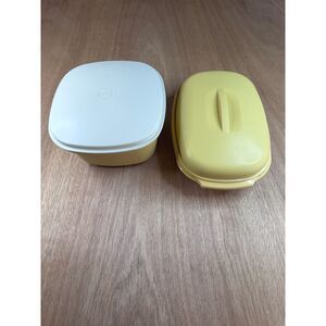 Tupperware Microwave Steamer Lot of 2 Yellow White Colander Insert Sets Vintage